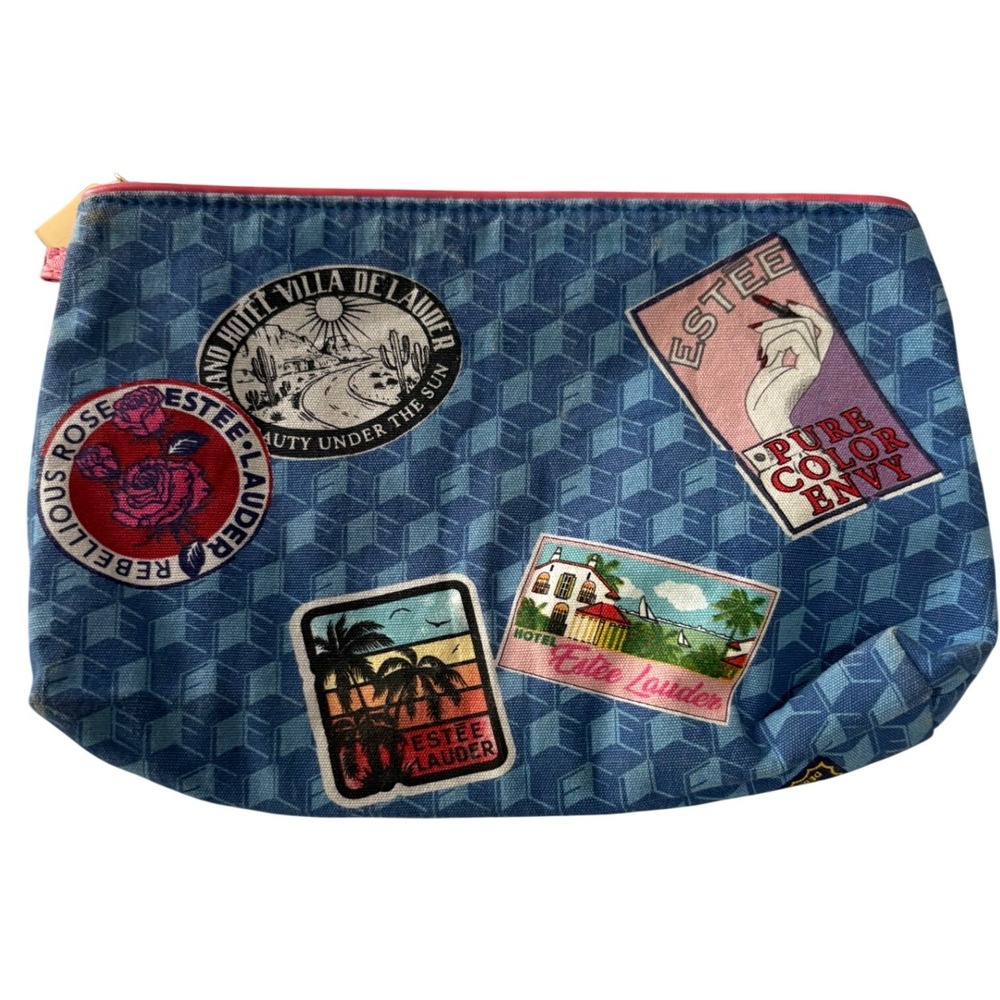 Estee Lauder Cosmetic Bag Blue Travel Patch Retro Flight 1946 Makeup Pouch Zip